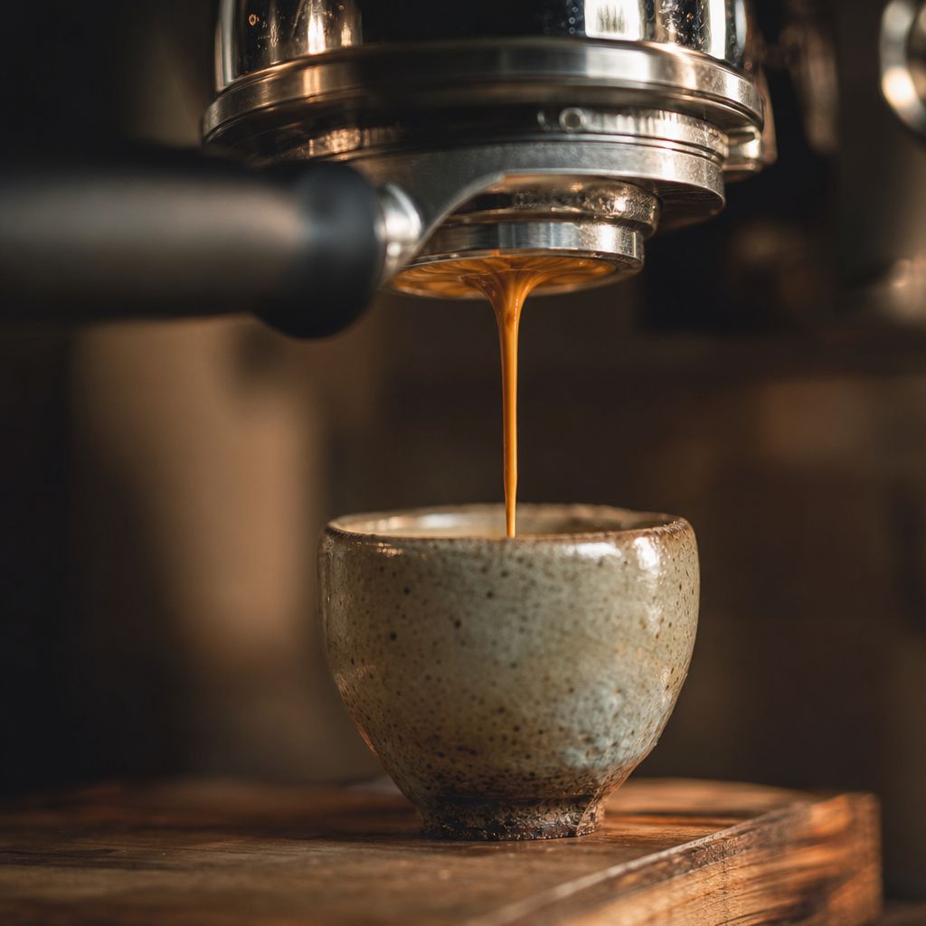 Espresso se ulijeva iz portafiltera u ručno rađenu keramičku šalicu