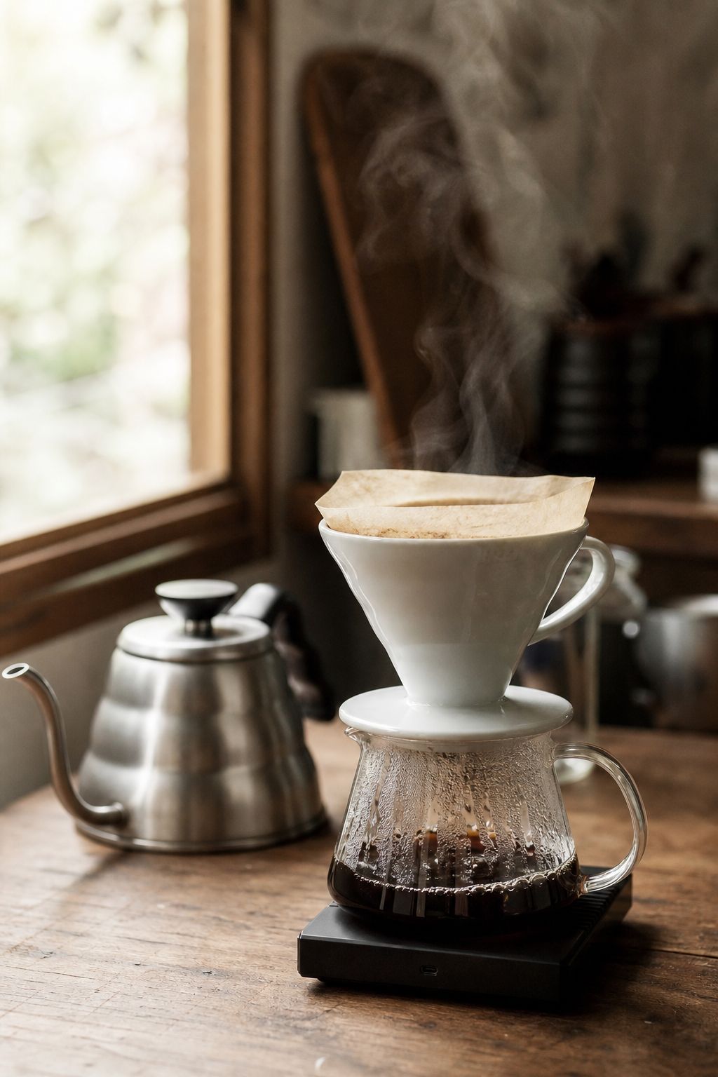 Keramički V60 dripper na staklenom vrču, para se diže iznad svježe kave